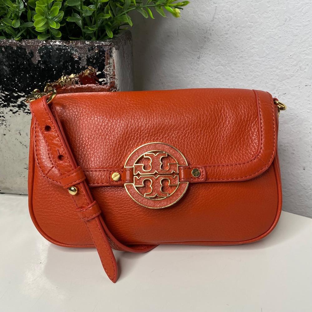 Tory Burch Amanda Burnt Orange Pebbled Leather Mini Crossbody Preppy Coconut